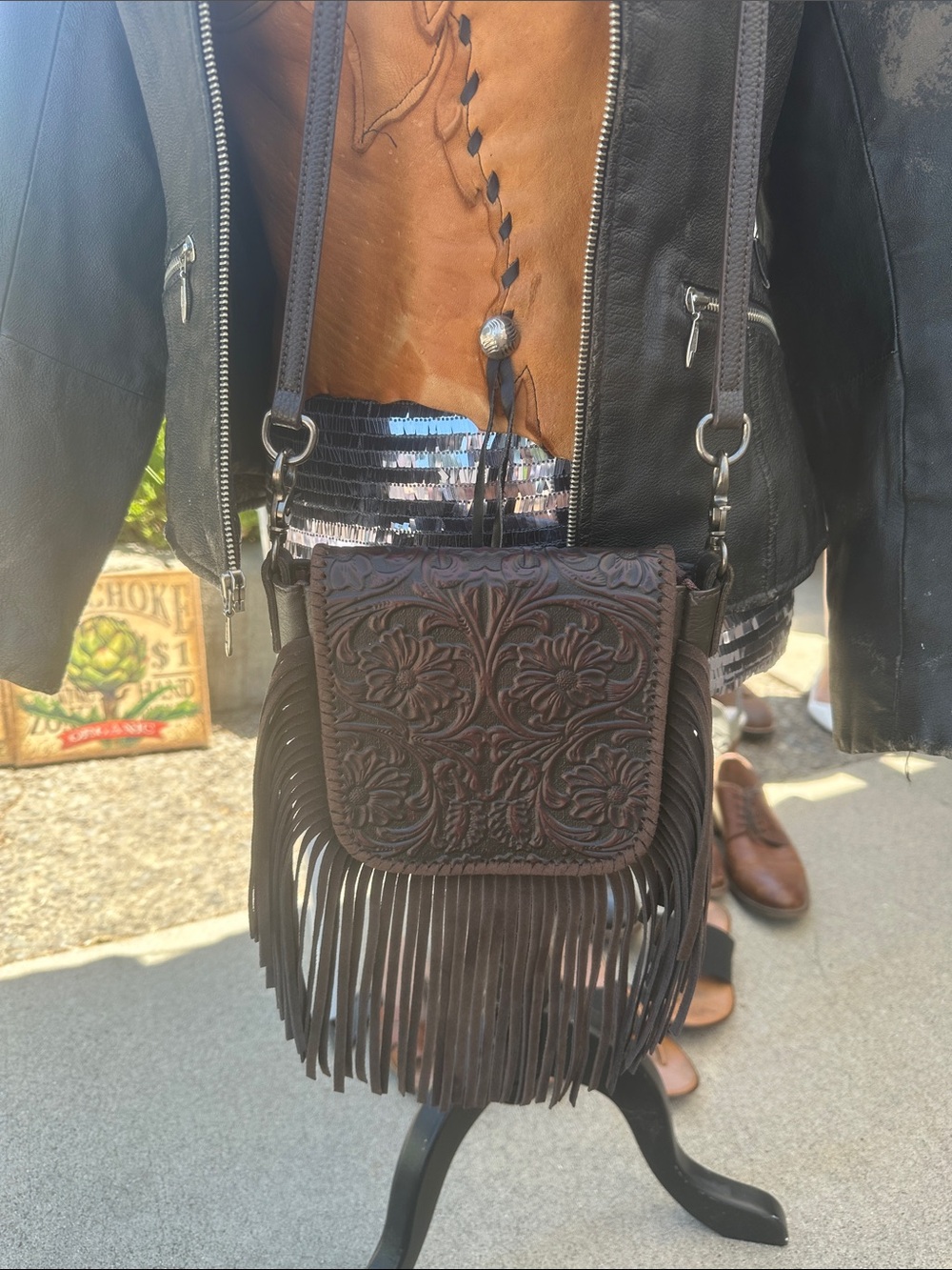 Montana West Dark Brown Tooled Leather Fringe Crossbody Bag